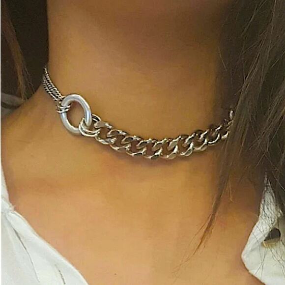 Silver Chunky Chain Link Choker Necklace Statement O Ring Cuban